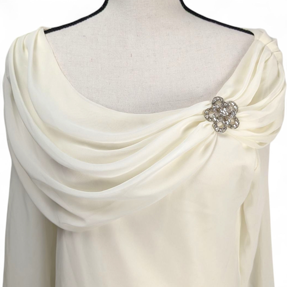 MSK Blouse Off-Shoulder Chiffon Top Cream Silver Tone Flower Brooch Womens Large - Picture 5 of 12